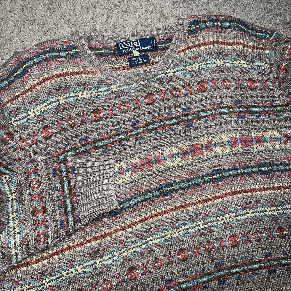 Polo Ralph Lauren Fair Isle Silk Linen Sweater Knit Crewneck Mens XL Brown